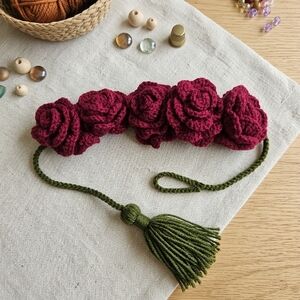 Handcrafted Burgundy Rose Belt with Green Tassel